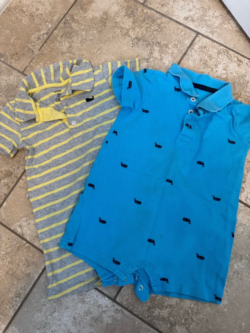 Kids whale Polo Romper and Striped Polo Set - Blue and Gray/Yellow